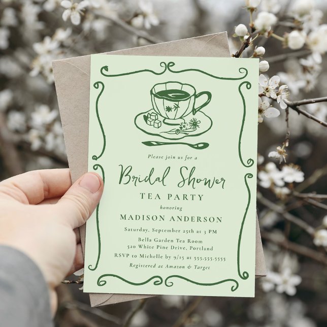 Invitation Whimsical Vintage Fête des mariées verte Tea Party (Créateur téléchargé)