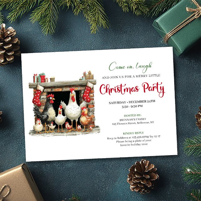 Invitation Whimsical Watercolor Chickens Christmas Party  (Whimsical Watercolor Chickens Christmas Party Invite)