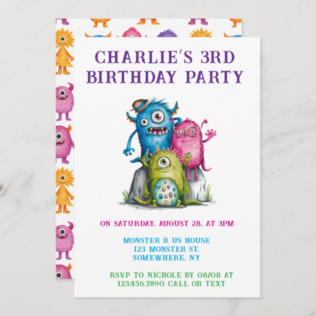 Invitation Whimsical Watercolor Monsters Fête d'anniversaire  (Devant / Derrière)
