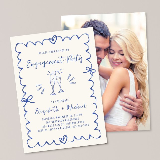 Invitation Whimsical Wavy Frame Blue Photo Engagement Party (Créateur téléchargé)