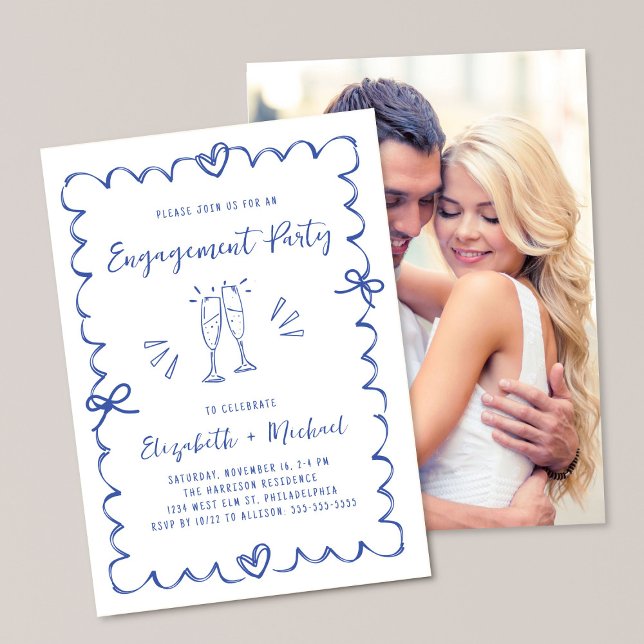 Invitation Whimsical Wavy Frame Blue Photo Engagement Party (Créateur téléchargé)