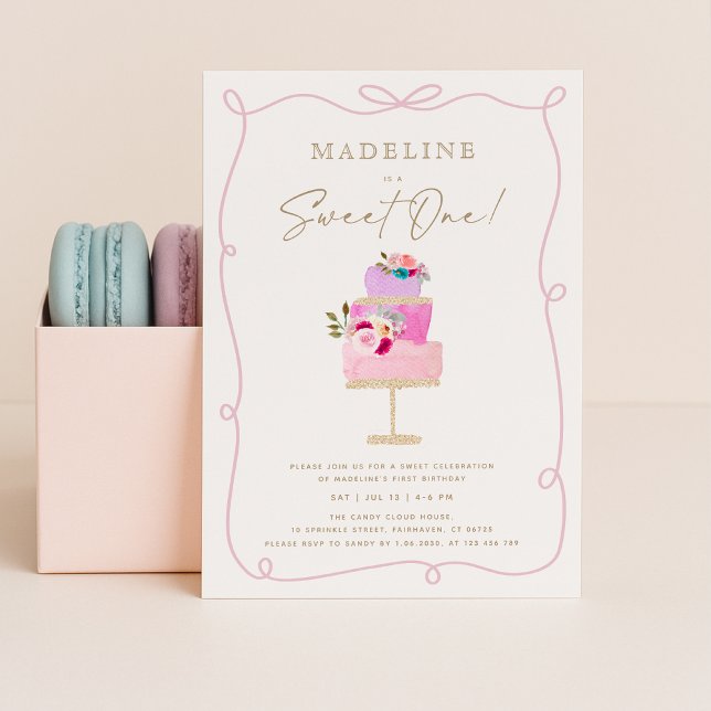 Invitation Whimsical Wavy Frame Pink Cake First Birthday  (Créateur téléchargé)