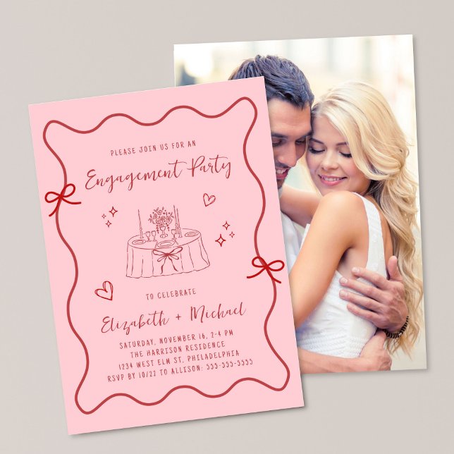 Invitation Whimsical Wavy Frame Pink Photo Engagement Party (Créateur téléchargé)