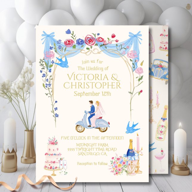 Invitation Whimsical Wedding Couple Italian scooter (Créateur téléchargé)