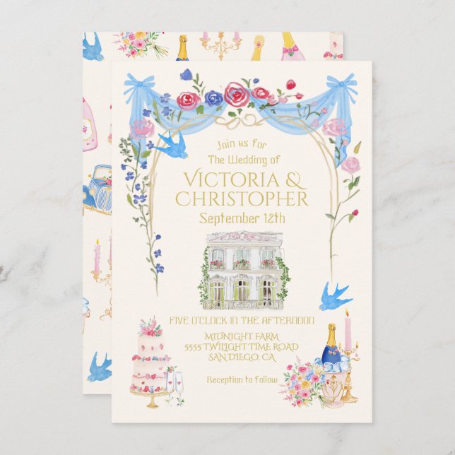 Invitation Whimsical Wedding French Chateau Mansion (Devant / Derrière)