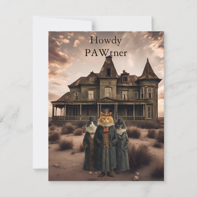 Invitation Whimsical Western Cat Howdy Hello Flat Card (Devant)