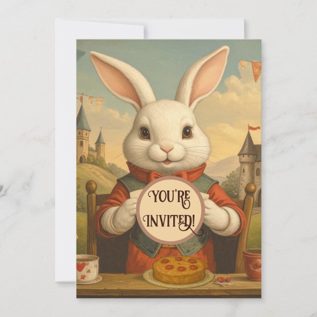 Invitation Whimsical White Rabbit Hearts Enchanted Wonderland (Devant)