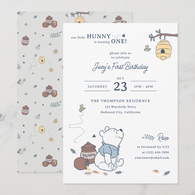 Invitation Whimsical Winnie the Pooh Hunny 1er anniversaire (Devant / Derrière)