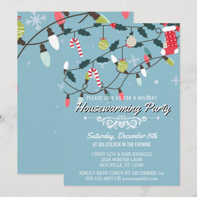 Invitation Whimsical Winter Holiday Blue House Party (Devant / Derrière)