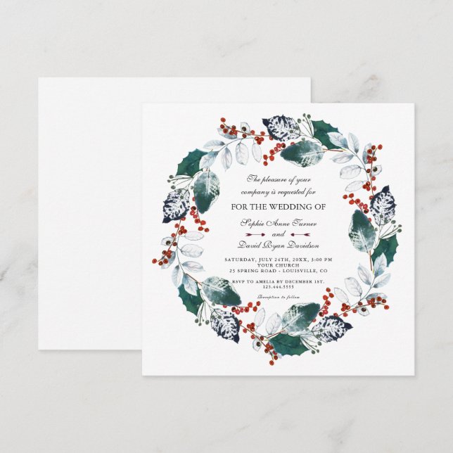 Invitation Whimsical Winter Holy Berries Wreath Mariage (Devant / Derrière)