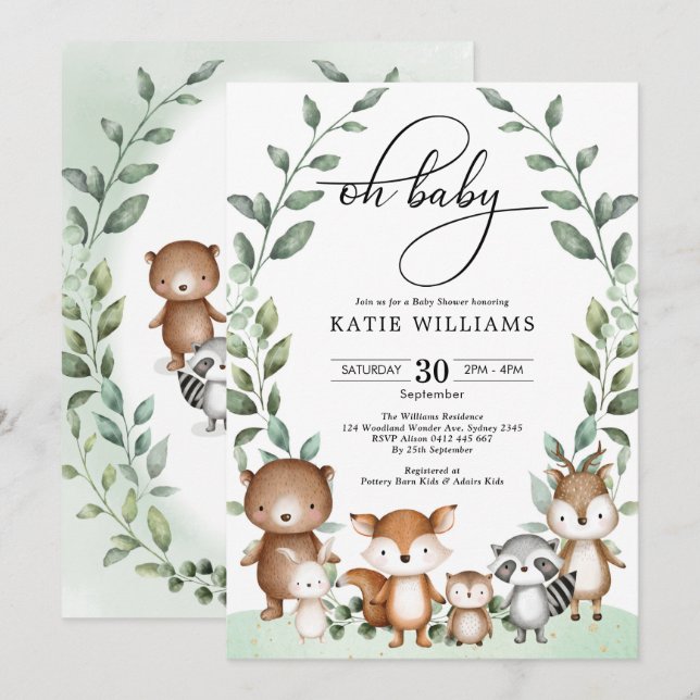 Invitation Whimsical Woodland Animaux Baby shower verdoyant (Devant / Derrière)