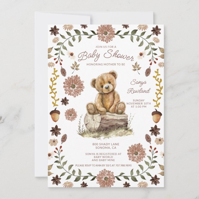 Invitation Whimsical Woodland Teddy Bear Baby Shower (Devant)