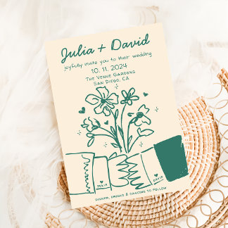 Invitation Whimsky Quirky manuscrit Mariage floral vert