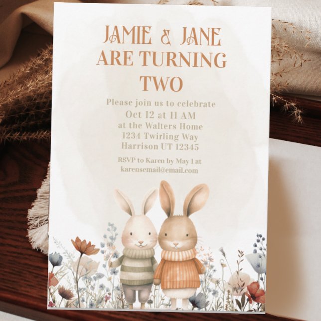 Invitation Whimsland Bunny Bunny Twin Double Anniversaire (Créateur téléchargé)