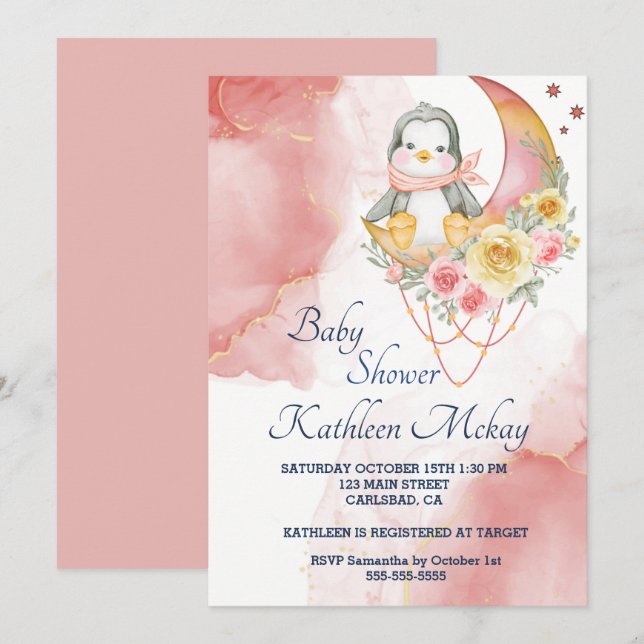 Invitation Whimsland Wonderland Pink Penguin fille Baby showe (Devant / Derrière)