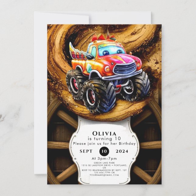 Invitation Whimssical Boho Track Monster Truck Anniversaire (Devant)
