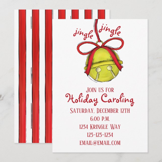 Invitation Whimssical Cute Gold Jingle Bell Fête (Devant / Derrière)