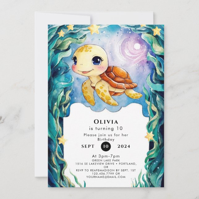 Invitation Whimssical mignon Tortue sous-marine Anniversaire (Devant)