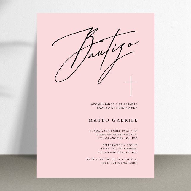 Invitation Whimsy Calligraphie Baptême rose espagnol Bautizo (Créateur téléchargé)