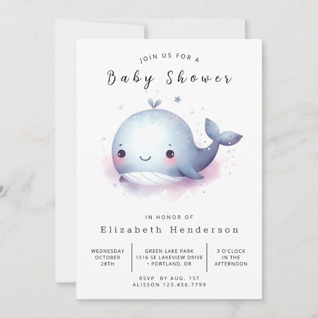Invitation Whimsy Custom Whale Baby shower (Devant)