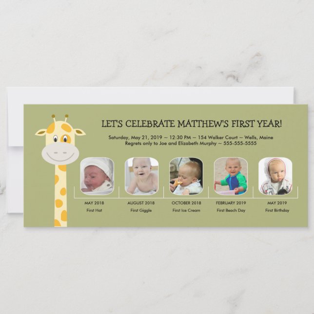 Invitation Whimsy Giraffe Baby Boy's First Birthday Year (Devant)