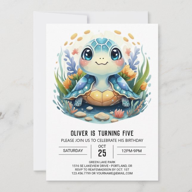 Invitation Whimsy Printable Watercolor Turtle Boy Anniversair (Devant)
