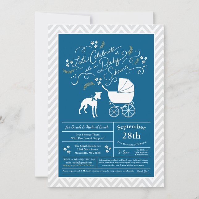 Invitation Whippet Chien Baby shower Garçon bleu (Devant)