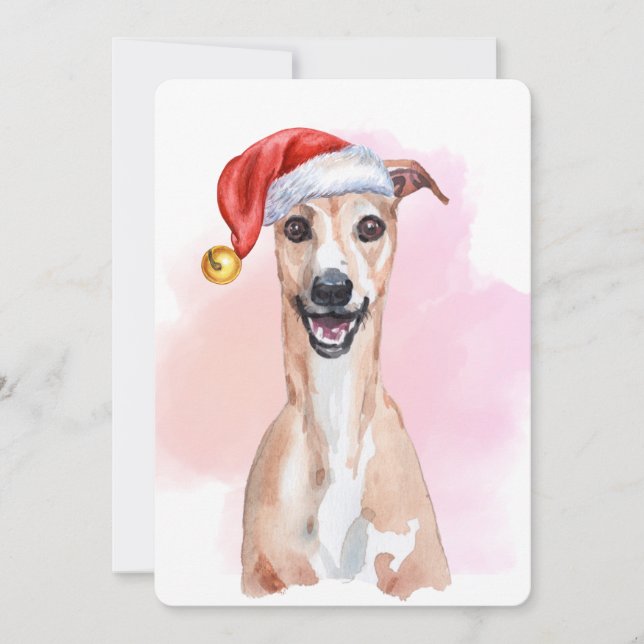 Invitation Whippet Christmas Card – Whippet Wearing Santa Hat (Devant)