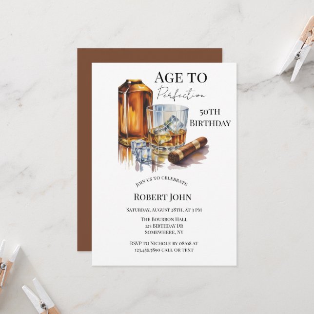 Invitation Whiskey and Cigar Men’s 50th Birthday Party (Devant/Arrière en situation)