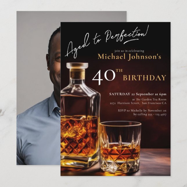Invitation Whiskey Black Gold Photo 40th Birthday Party (Devant / Derrière)