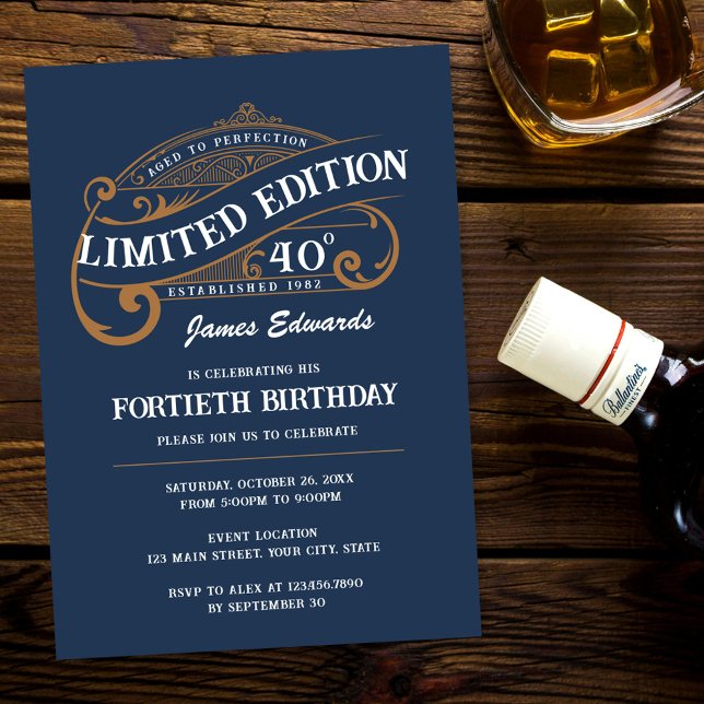 Invitation Whiskey pour hommes Blue Gold vintage 40e annivers (Créateur téléchargé)