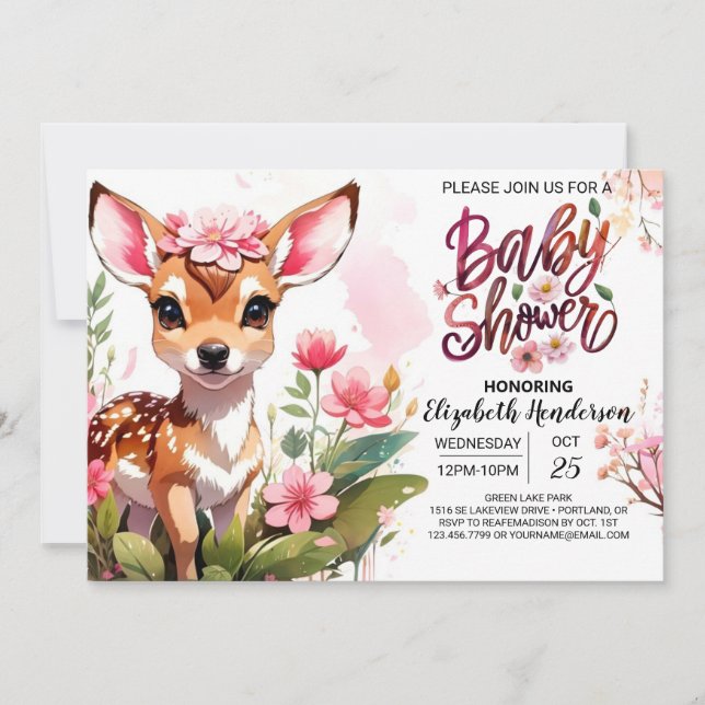 Invitation Whispering Woods of Deer Baby Girl Douche (Devant)
