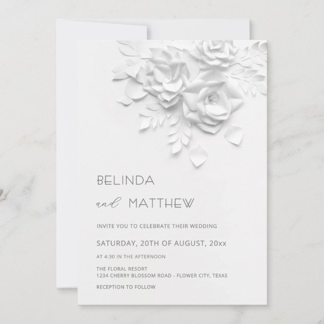 Invitation White 3D Flowers Roses Minimalist Wedding  (Devant)