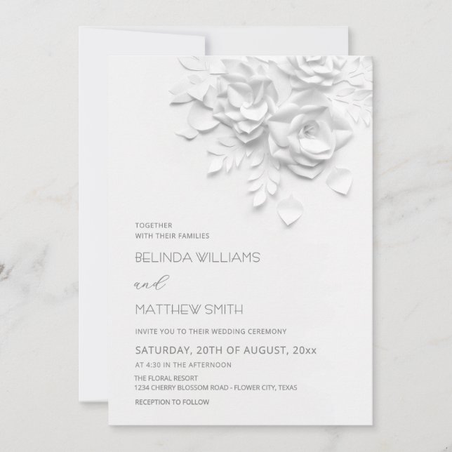 Invitation White 3D Flowers Roses Simple Wedding (Devant)