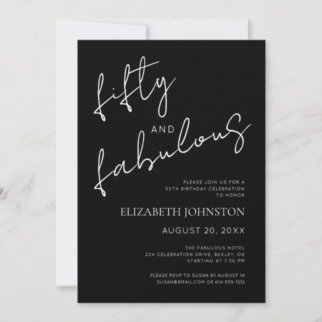 Invitation White and Black Minimal 50 and Fabulous Birthday (Devant)
