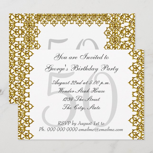 Invitation White and Gold 50th Birthday Party Blanc (Devant / Derrière)