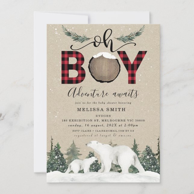 Invitation White Bear Oh Boy Flannel Lumberjack Baby shower (Devant)