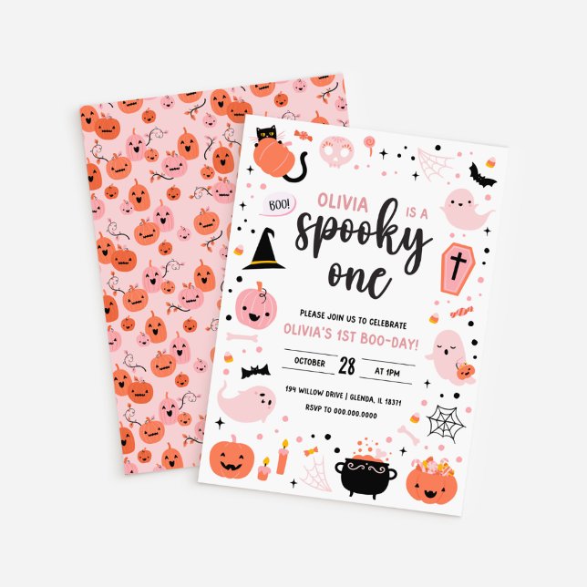 Invitation White BG Pink and Orange Halloween 1st Birthday In (White BG Pink and Orange Halloween 1st Birthday Invitation)