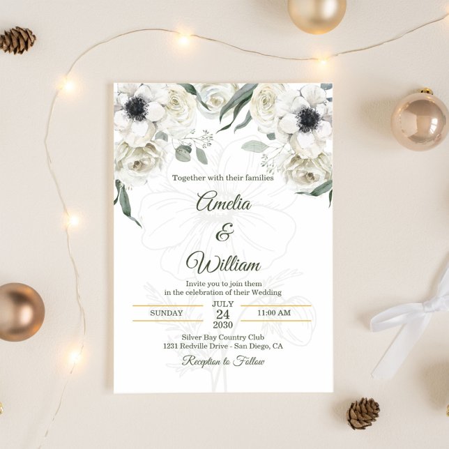 Invitation White Black Green Elegant Anemone Wedding (Créateur téléchargé)