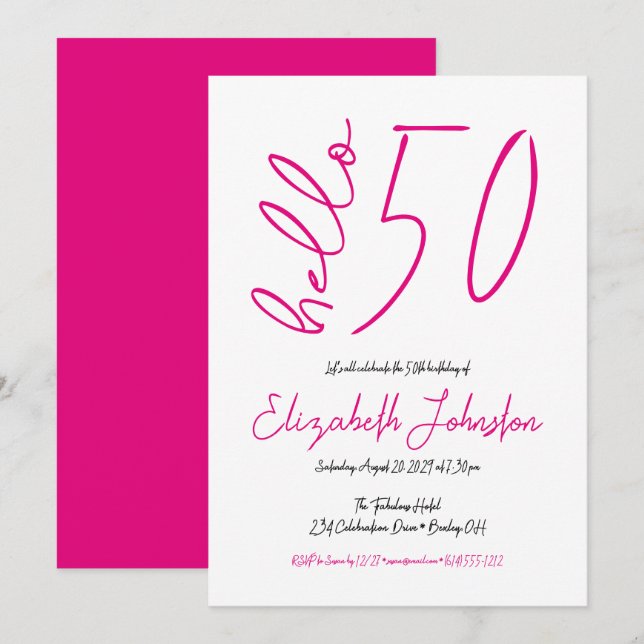 Invitation White Black Hot Pink Hello 50 Fabulous Birthday (Devant / Derrière)