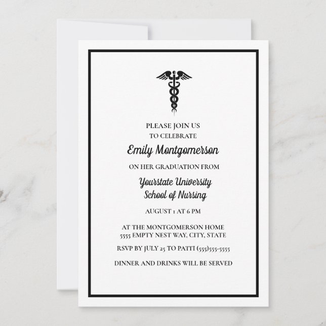 Invitation White Black Nursing School Graduation Party (Devant)