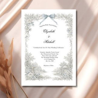 Invitation White Blue Toile Floral Coquette Bow Elegant 
