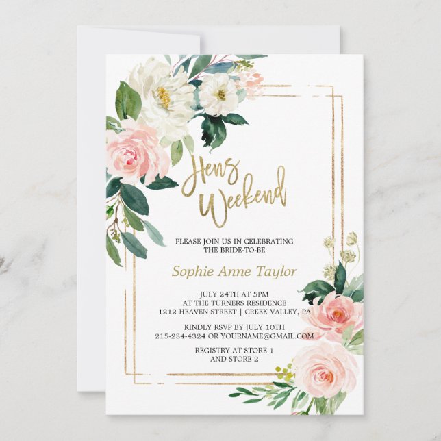 Invitation White Blush Floral Gold Bachelorette Week-end (Devant)