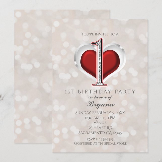 Invitation White Bokeh & Red Valentine Glam 1er anniversaire (Devant / Derrière)
