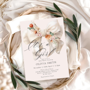 Invitation White Bow C'est une fille Baby shower floral