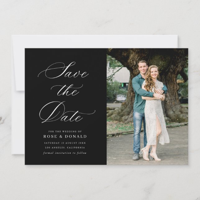 Invitation White calligraphy black wedding save the date card (Devant)