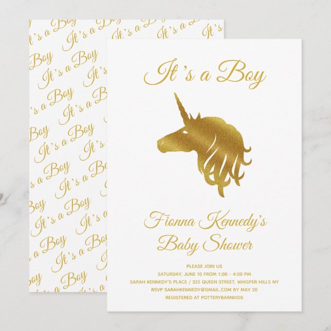 Invitation White C'est un garçon Unicorn Baby shower Invitati (Devant / Derrière)
