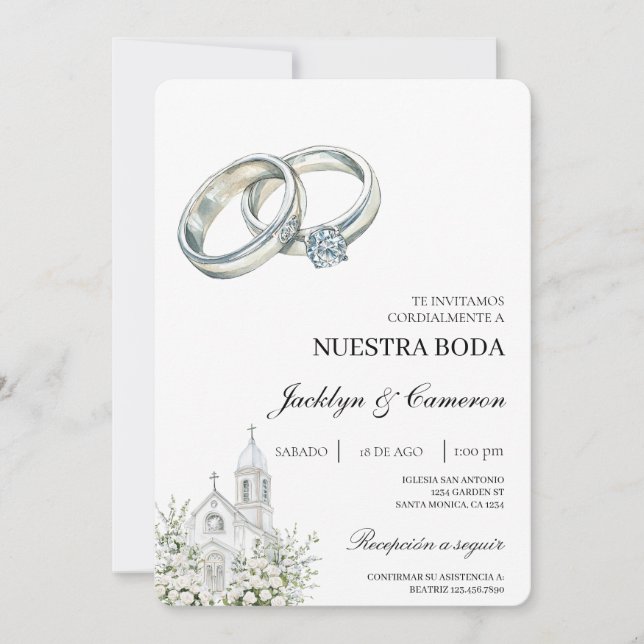 Invitation White church with ring Spanish Wedding (Devant)