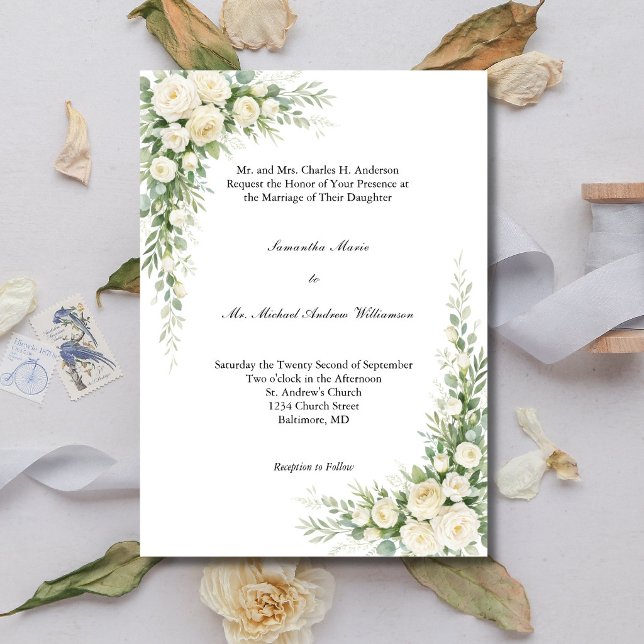 Invitation White Cream Florals Traditional Church Wedding (White Cream Roses and Watercolor Florals Traditional Church Wedding Invitation)