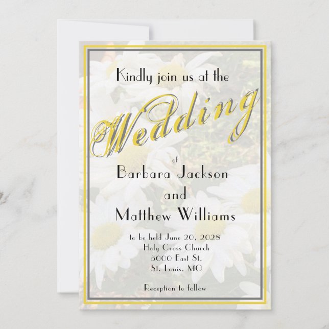 Invitation White Daisy Yellow Gold Script BoHo Printemps Mari (Devant)